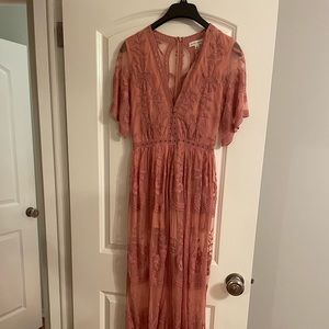 Honey Punch Lace Maxi Romper Coral/Pink